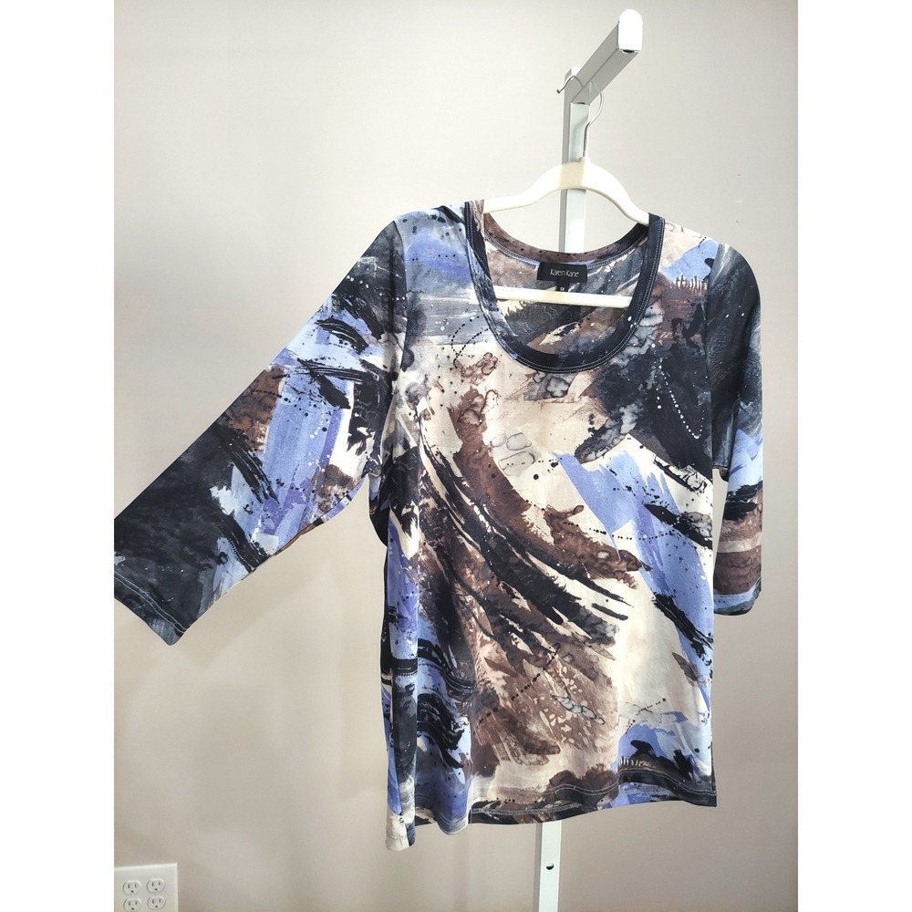 Karen Kane Women 1X Abstract Brushstroke Mesh Rhinestone 3/4 Sleeve Top Blue
